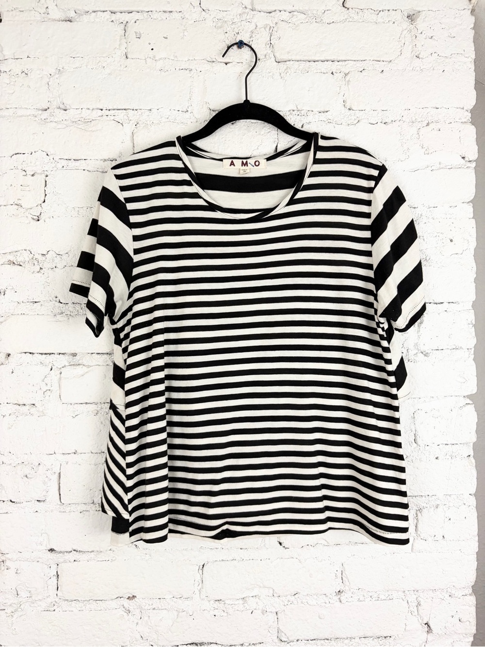AMO Anthropologie Black White Striped Ruffle Back Crew Neck Short Sleeve Tee M